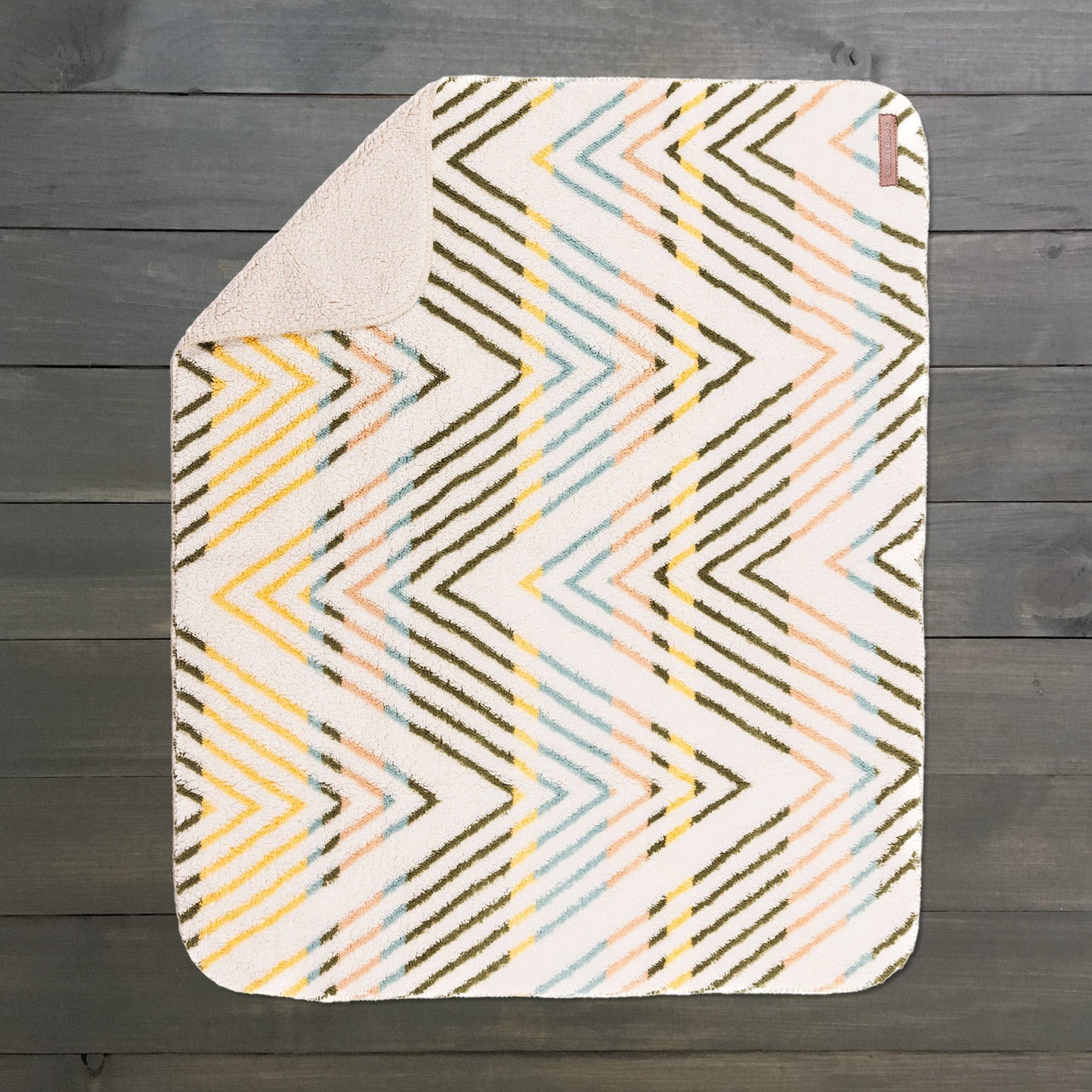 Sherpa Fleece Waterproof Blanket with yellow, pink, and blue chevron pattern, beige underside.