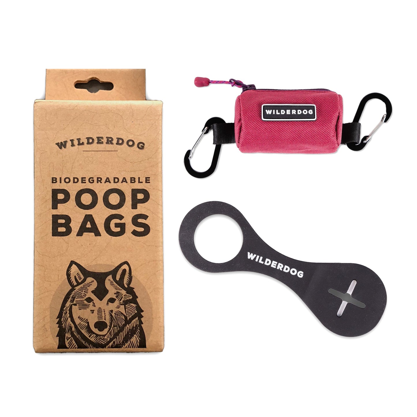 A cardboard box labeled "Ultimate Poop Kit" features an image of a wolf. Next to the box is a small maroon-colored pouch with a carabiner clip for your convenience, also labeled "Wilderdog." Below is a black plastic dog poop holder, making clean-up simple and eco-friendly.