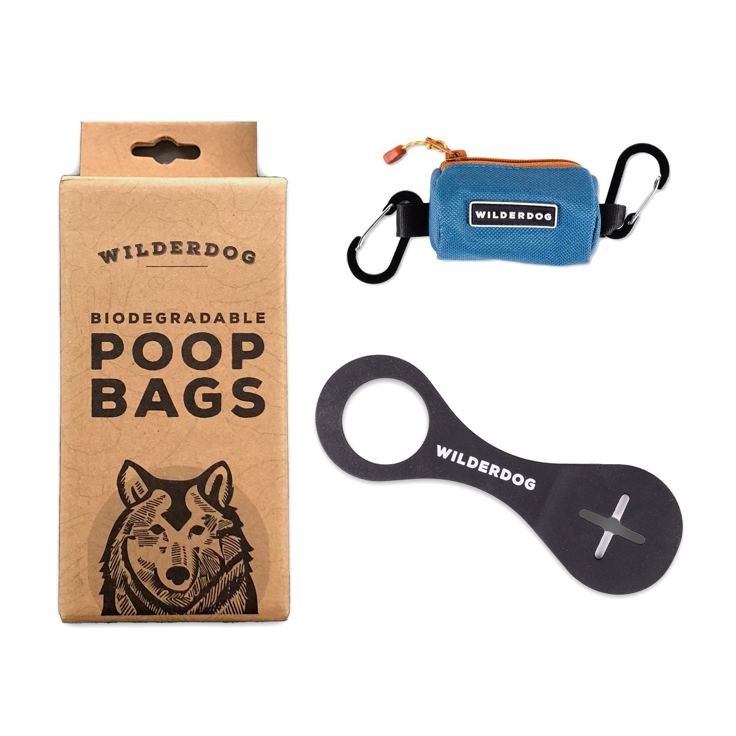 The Ultimate Poop Kit includes a box of Wilderdog biodegradable poop bags with a wolf illustration on the front, a small blue Wilderdog pouch with an attached carabiner, and a black circular dog poop holder featuring the "Wilderdog" text and a cross-shaped cutout.