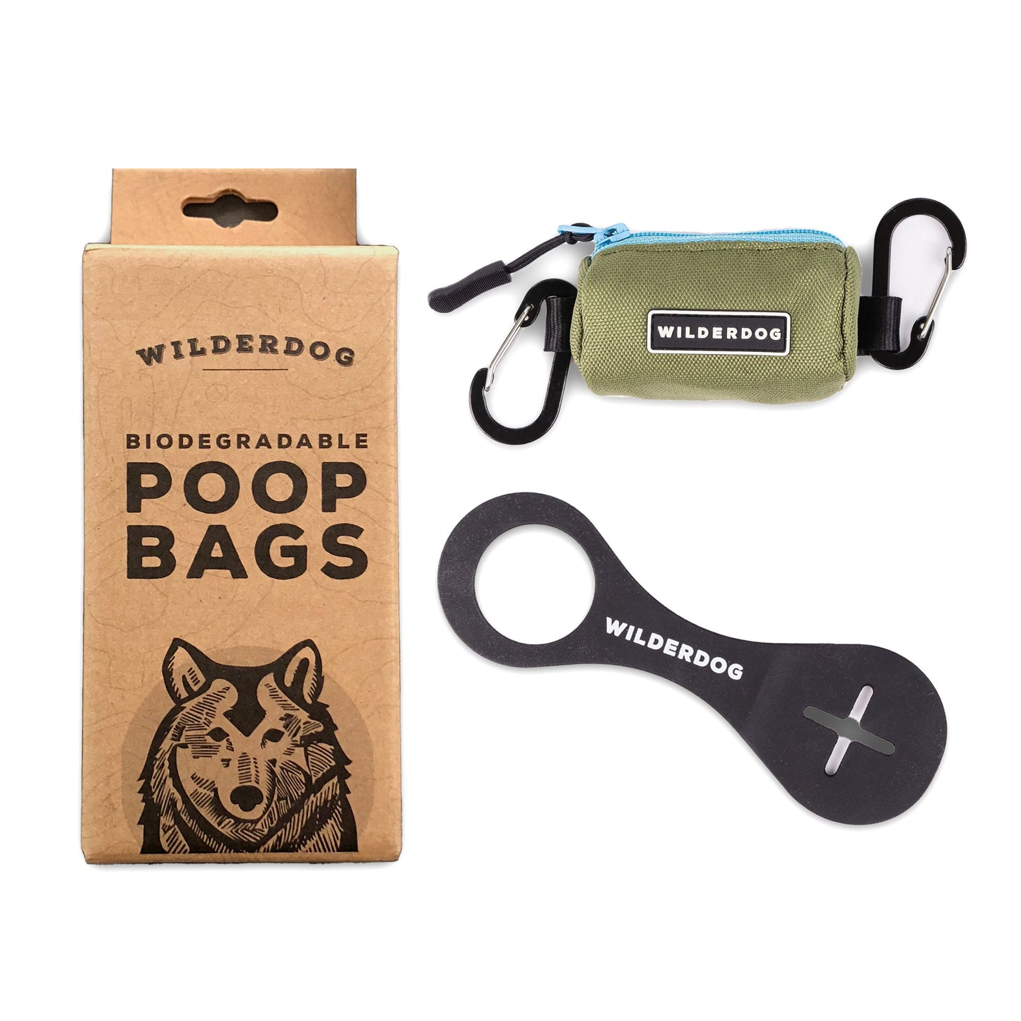 A box of biodegradable poop bags, a green Wilderdog crap carrier with a black carabiner, and a black Wilderdog waste bag dispenser keychain, all part of the Ultimate Poop Kit, are displayed against a white background.