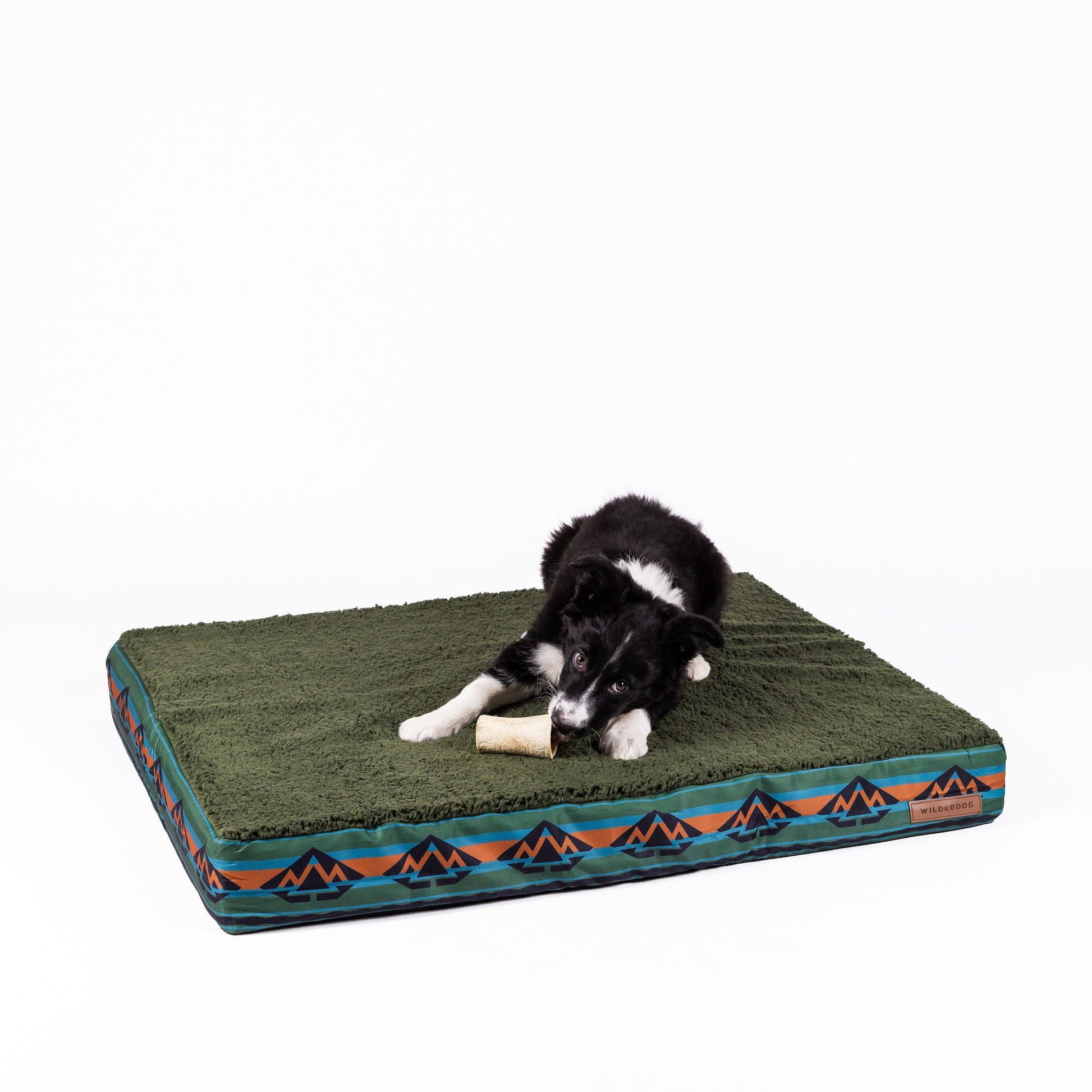 A black and white dog is lying on a green rectangular Memory Foam Dog Bed with geometric patterns along the sides, chewing on a bone and looking relaxed. The bed provides excellent joint support, while its washable cover ensures easy cleaning. The background is plain white.