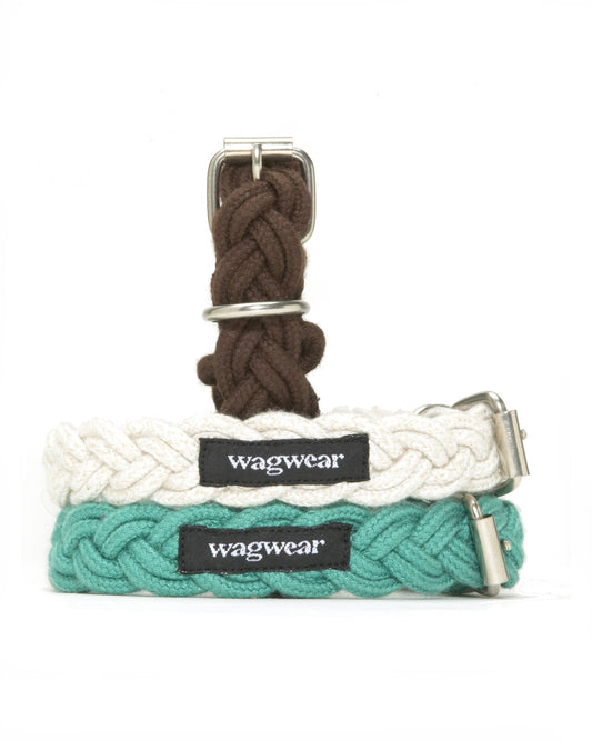 braided fisherman collar in chocolate, white, and aqua
