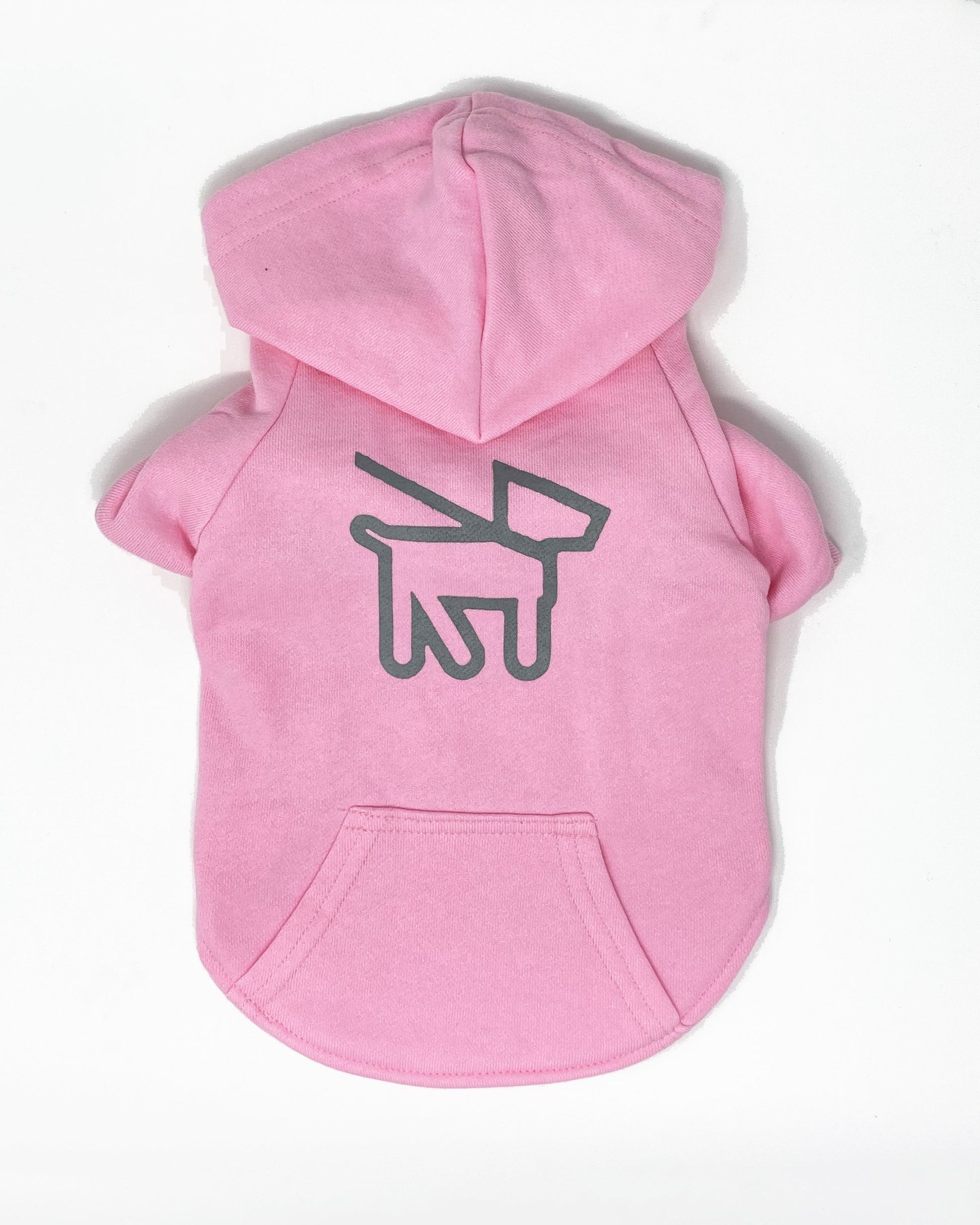 pink dog hoody with dog logo on front