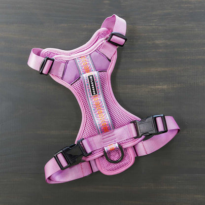 A Dog Harness, characterized by its lightweight pink design with black buckles and an adjustable strap, showcases a rainbow-patterned stripe down the center as it rests on a dark wooden surface. Its durable mesh construction guarantees comfort, and the reflective fabric boosts visibility for evening walks.