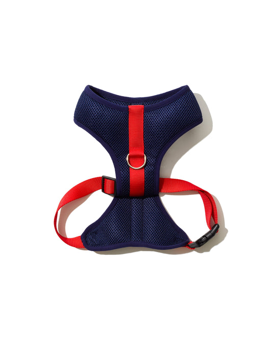 color block padded harness in navy and red