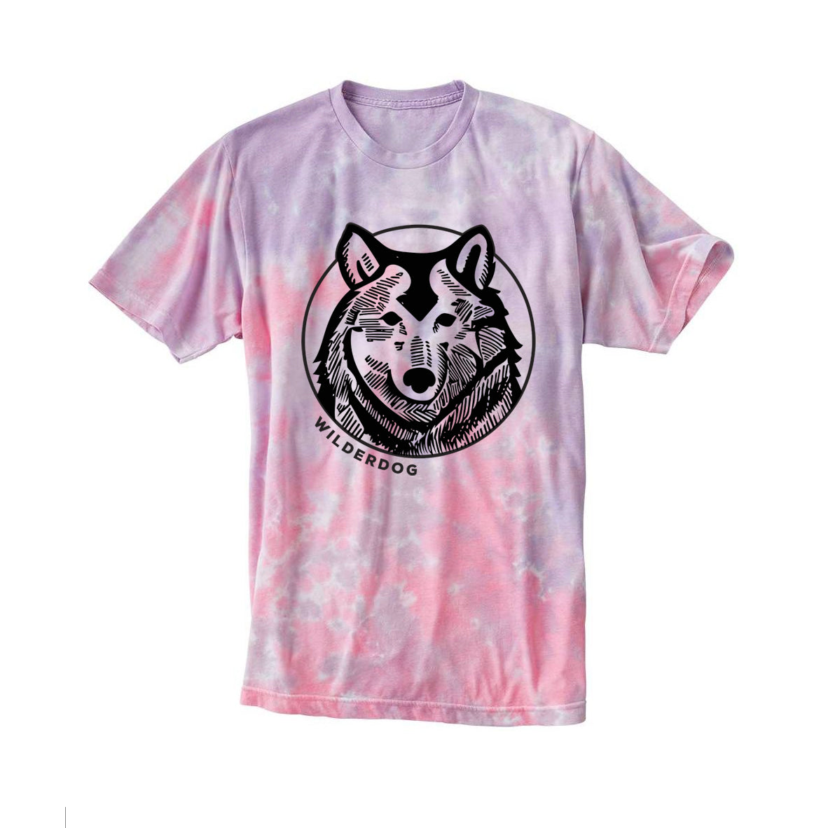 The Tie Dye Wolf Tee is a super-soft, unisex T-shirt in pink and purple hues, featuring a black and white graphic of a wolf's head inside a circle on the front. The text "WILDERDOG" is written below the wolf graphic, making it perfect for any wardrobe.