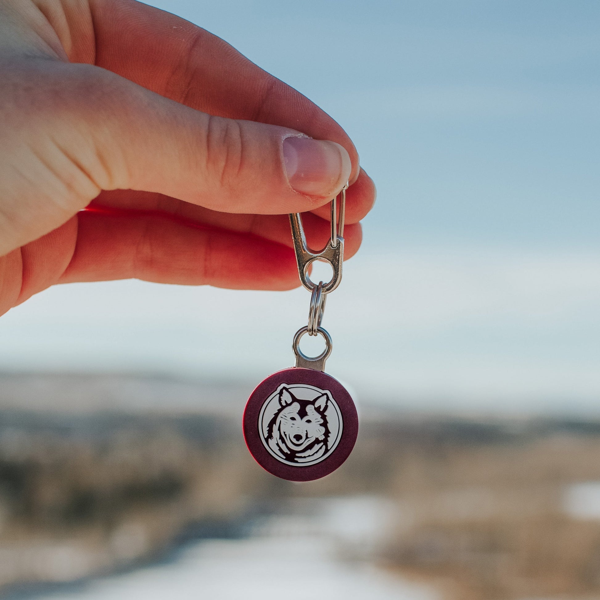A hand holding a Wilderdog Silicone Tag keychain with a mini carabiner against a blurred outdoor background. The keychain features a red circular pendant with a white illustration of a dog or wolf's head inside it.