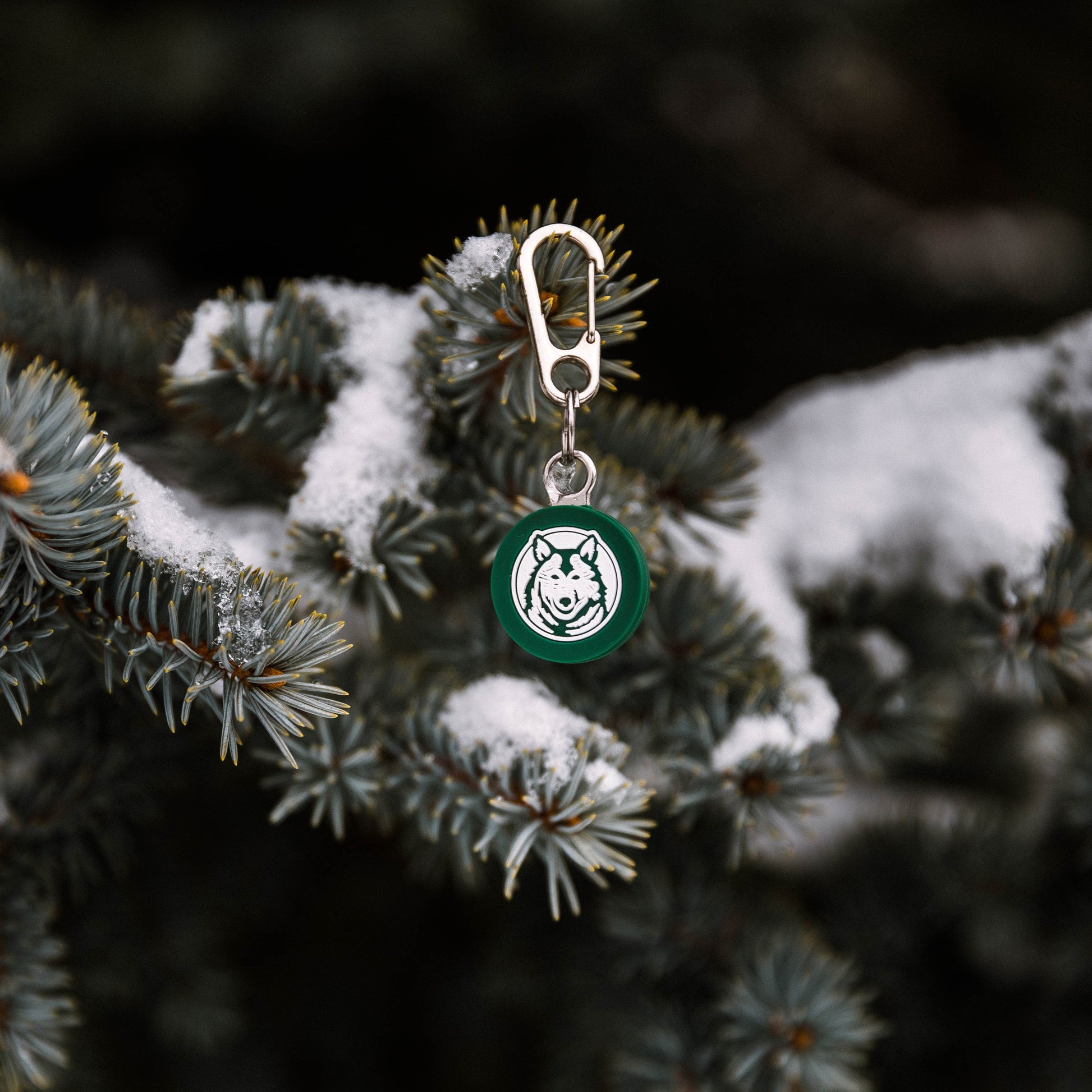 A Wilderdog Silicone Tag with a green circular charm, featuring a white abstract wolf design, dangles from a snow-covered evergreen branch, secured by a mini carabiner. The metal clasp of the keychain is attached to the charm. The background is a blurred view of more snowy branches.